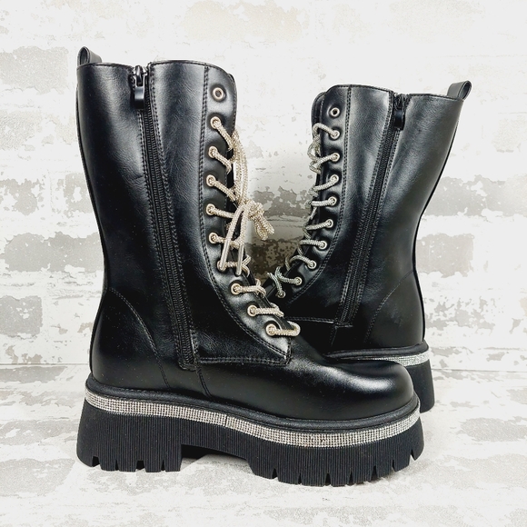 Wild Diva Munich-09 Faux Leather Lug Sole Rhinestone Lace-Up Combat Boots K776 - Picture 3 of 11
